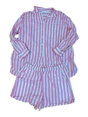 Madewell Matchin Pink and White Striped Set - Long Sleeve Button Up Top & Shorts